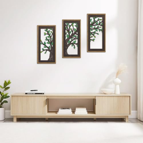 KAIRNE Wooden Tree Branch Framed Wall Art(Set of 3, 16”x8”),Abstract Tree of Life Hollow Artwork Decor,Rustic Birch Green Leaves Wood Decor,Modern Tree Farmhouse Decor for Living Room Bedroom Kitchen - color: Tree Branch, size: 8"L x 16"W