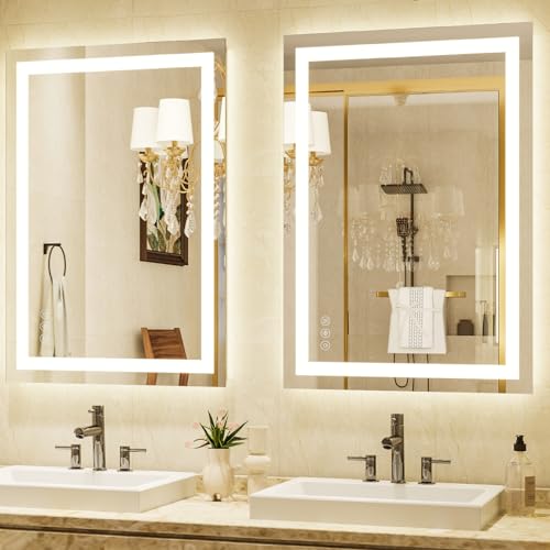 XRAMFY 30'' x 40'' LED Bathroom Mirror with Lights, Wall Mirror with Front and Backlight, 3 Colors Vanity Mirror with Lights, Anti-Fog Wall Mirror for Bathroom - size: 40"L x 30"W