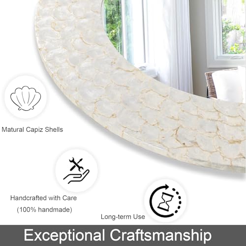 Large Capiz Shell Coastal Mirror, 42'' Round Mirror with Natural Capiz Seashell Frame, Decorative Circle Mirrors for Living Room Dining Room Bathroom Mantel Entryway - color: Cream-white, size: 42"L x 42"W