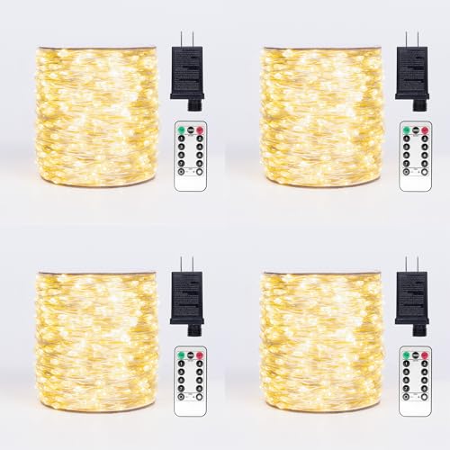 Fairy Lights Plug in,4Pack 100FT 300LEDs Waterproof Led String Lights,8Modes Remote Twinkle Light for Outdoor Indoor Christmas Wedding Birthday Garden Party Decorations,Silver Wire,Warm White - color: Warm White, size: 4*100FT 300Leds