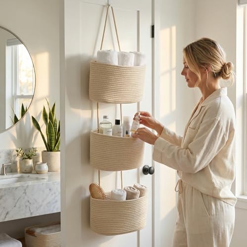 3-Tier Woven Cotton Rope Hanging Basket, Over the Door Organizer, Adjustable Detachable Wall Basket with Metal & Adhesive Hooks, No Drilling for Bedroom, Closet, Entryway & Home Decor - style: Jute