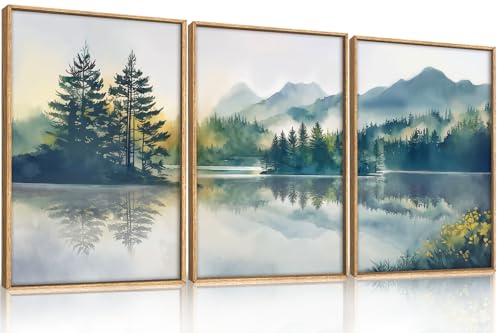HPNIUB Large Green Mountain Framed Canvas Wall Art Set, Nature Foggy Forest Lake Reflection Wall Decor,Modern Pine Tree Artwork,Watercolor Landscape Art Print for Living Room,Bedroom,Office-16 x24 x3 - color: Nature Mountain Wall Art, size: 16"L x 24"W