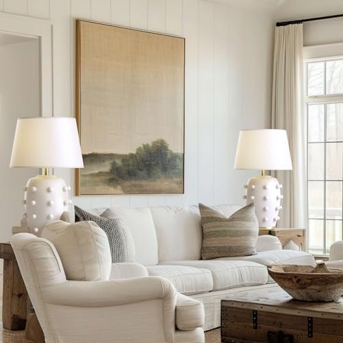 Modern Ceramic Linden Table Lamp - 26" White Ball Farmhouse Design, Classic Table Lamp Pottery Tapered Drum Shade for Living Room, Bedroom, Office, and Home （White） - color: White Pottery, size: 26 inch