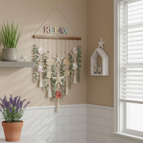 Boho Coastal Wall Decor, Artificial Eucalyptus Beach Wall Hanging with Seashell & Starfish, Rustic Carbonized Wood Stick Ornament for Bathroom Bedroom Living Room Kitchen Dining Home Decoration - color: Advanced Carbonized Wood-ocean Series