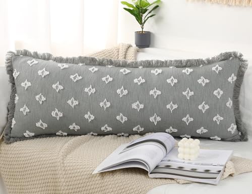 Boho Long Lumbar Pillow Cover 16x36 with Tassel Fringe,3D Flower Patterned Extra Decorative Long Lumbar Pillow Cover Case for Sofa Couch Bed Livingroom Farmhouse,Blue Grey - color: Blue Grey, size: 36" x 16" (Pack of 1)