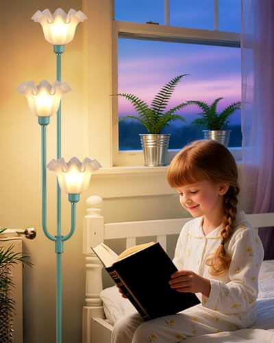 66 Inch Flower Green Floor Lamp for Living Room Bedroom Office, 3-Light Mid Century Standing Lamp with 3000K Warm White LED Bulbs, Vintage Floral Lamp with Heavy Stable Base & Foot Switch - color: 3 Flower-Green