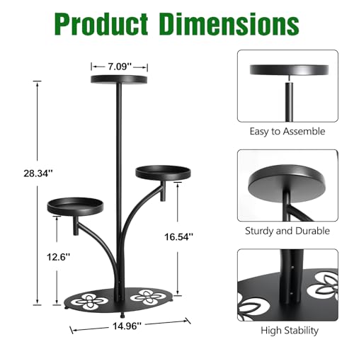 3 Tier Metal Plant Stand Indoor Outdoor, Tall Black Plant Shelf, Heavy-duty Base in the Shape of a Four-leaf Clover, Tiered Modern Corner Shelf, Suitable for Courtyard, Patio, Living Room, Bedroom - size: 3Tirer-1Pack