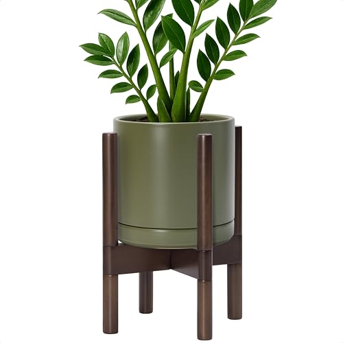 D'vine Dev Ceramic Planter with Walnut Color Stand - 8 Inch Modern Round Flower Pot with Wood Planter Holder, Olive, 55-B-Y-J - color: Olive Pot + Walnut Color Stand, size: 8 Inch