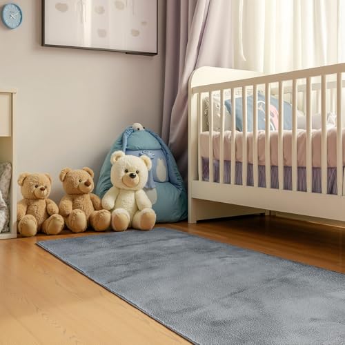 jinchan Solid Plush Runner Rug 2x5 Performance Shaggy Washable Hallway Rug Soft Modern Faux Wool Cozy Non Slip Carpet for Bedroom Laundry Room Living Room Kids Nursery Grey - color: Solid Grey, size: 2' x 5' (Runner)