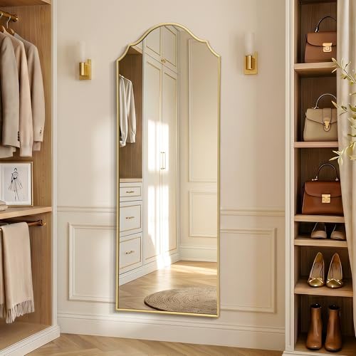 Besdomus Scalloped Full Length Mirror: 21"x56" Gold Arched Floor Mirror - Minimalist Modern Wooden Frame Body Long for Wall/Bedroom/Cloakroom/Entryway/Living Room - Home Decor for Housewife - color: Gold Leaf, size: 56"L x 21"W