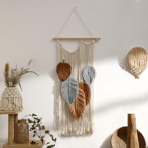Macrame Leaves Tapestry Wall Decor- Bohemian Woven Tapestries Fall Leaves Wall Art, Large Boho Tassels Hanging Ornament Western Room Decor for Bedroom Living Room Dorm - color: Brown