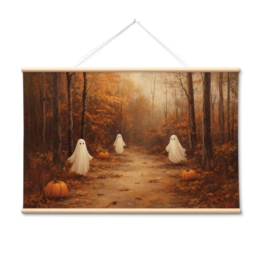 VIYYIEA Extra Large Halloween Wall Art 36x54, Vintage Cute Ghosts and Pumpkins in Autumn Landscape Canvas Wall Decor, Cozy Farmhouse Fall Decor for Living Room Bedroom Entryway Fireplace - color: Halloween Woodland