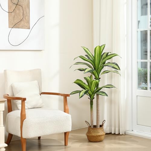 Ferrgoal Artificial Plants, 4 Ft Dracaena Tree Faux Plants Indoor Outdoor Decor Fake Tree with Woven Seagrass Basket Plants for Home Decor Office Living Room Porch Patio Housewarming - size: 4ft