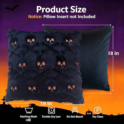 Black Skull Halloween Throw Pillow Covers 18x18 inch Set of 2, Spooky Tufted Embroidered Plush Cushion Covers for Couch Sofa Holiday Decor - color: Skeleton
