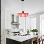 Modern Flower Pendant Light Fixture 13" Glass Hanging Light Wooden Chandelier Red Adjustable Pendant Lighting for Bedroom Dining Room Entryway - color: Red, 1 Light