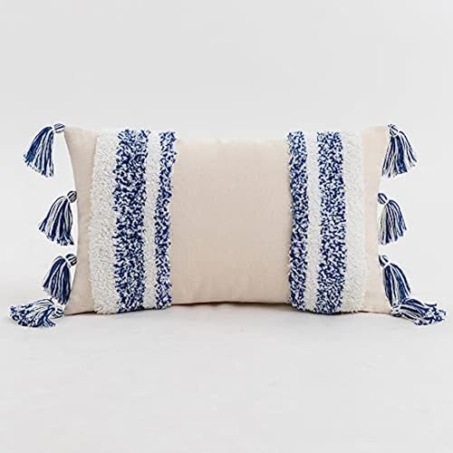 Boho Tufted Throw Pillow with Tassels, Country Thick Striped Style Soft Cushion Cover Decor wuth Zipper for Chair Bed Couch Living Room (Blue,12" x 20") - color: Blue, size: 12" x 20"
