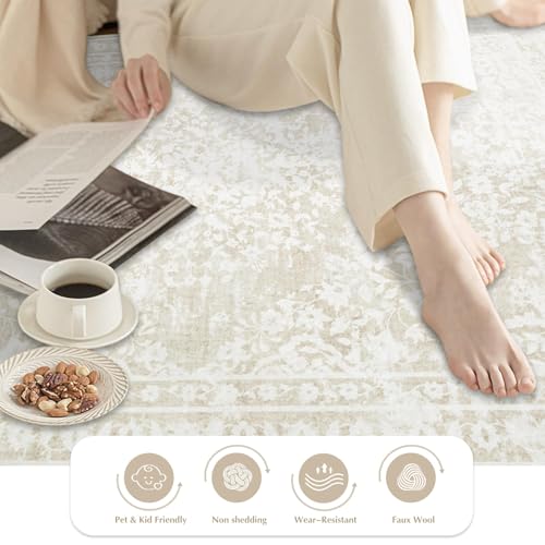 Aoyaomi Vintage Living Room Area Rug - 5x7 Large Machine Washable Boho Area Rug Distressed Floral Rugs for Bedroom, Soft Non-Slip Indoor Floor Accent Rugs for Office Dining Room (Cream Beige, 5'x7') - color: Cream Beige, size: 5' X 7' (Rectangular)