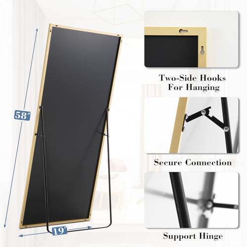 DUMOS 19"x58" Full Length Mirror with Stand, Floor Standing Aluminum Frame, Shatter-Proof Nano Glass for Bedroom, Living Room, Cloakroom – Modern Simple Home Decor,Can Be Hanging or Leaning, Gold - color: Gold-rect Edge, size: 58"L x 19"W