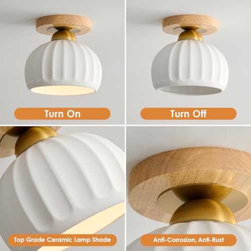 Ceramic Semi Flush Mount Ceiling Light - 2 Pack, Vintage Wood Gold Hallway Light Fixtures, White Globe Ceiling Lights,Mid Century Small Chandelier Light Fixture for Cottage Entryway Laundry Room Foyer - color: Frosted Ceramic-Wood