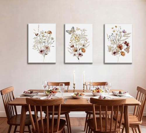 3Psc Watercolor Wildflower Framed Canvas Wall Art Vintage Botanical Flower Wall Decor Modern Minimalist Colorful Botanical Floral Poster Print Artwork for Girls Room Bedroom Office Decoration 16x24 Inch - color: SANLIANYEHUA, size: 24"L x 16"W