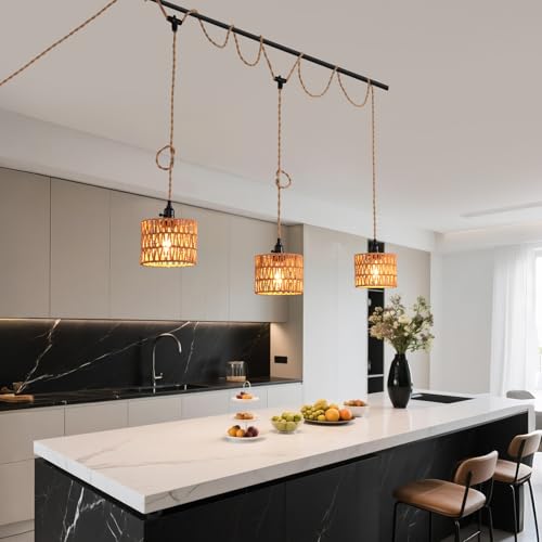 3-Light Hanging Light with Plug in Cord,Plug in Pendant Light 22ft Hemp Rope Pendant Lighting Vintage 3-Light Hanging Lamp Fixtures for Kitchen Island Living Room Bedroom - color: 3 Light 18CM Hemp Rope Shade