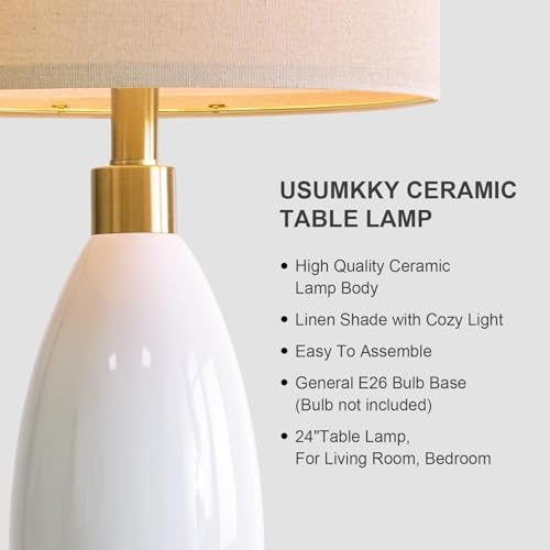 USumkky 24" White Oval Ceramic Table Lamp Set of 2, Modern Minimalist Bedside Nightstand Lamps for Bedroom Living Room, Linen Shade & Gold Metal Base, Rotary Switch E26 (Bulbs Excluded) - color: 24" Teardrop-2 Pack