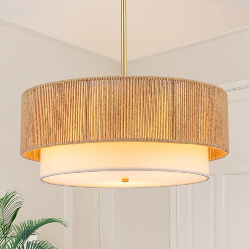 SineRise 18'' Farmhouse Rattan Chandeliers for Dining Room,3-Light Boho Light Fixtures Rattan Pendant Light Fixture with Fabric Shade Drum Chandeliers for Bedroom Dining Room Foyer Kitchen Hallway - color: Gold, size: 18 inch Drum