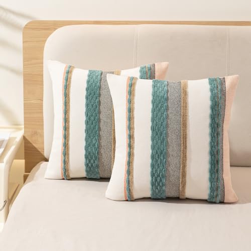 Boho Throw Pillow Covers 18x18 Set of 2 Farmhouse Decorative Cushion Case Striped Square Pillows Cover Chenille Pillow Cases Accent Neutral Pillowcase for Sofa Couch Bed,Blue - color: Blue Stripe