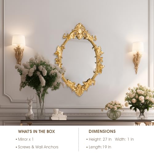 Gold Oval Wall Mirror, 19"x27" Vintage Decorative Baroque Hanging Mirrors for Bedroom, Living Room Dresser Decor, Entryway
