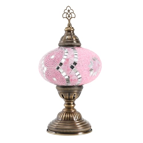 Turkish Mosaic Table Lamp with Bulb – Handmade Pink Stained Glass Light, Vintage Bohemian Decorative Bedside Lamp with US Plug & E12 Socket - color: Pink