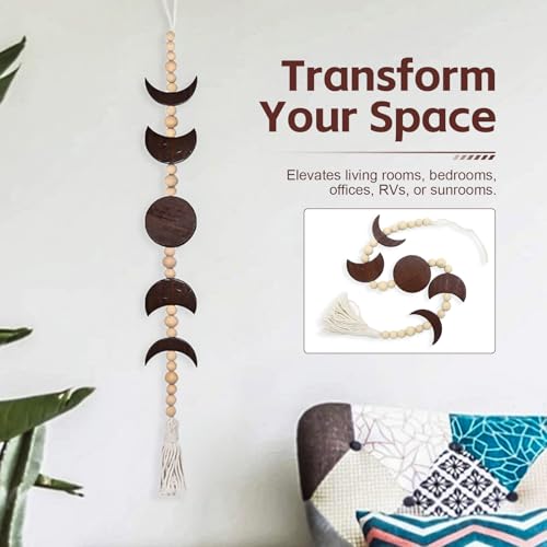 Moon Phase Wall Decor, 30 Inch Wood Beaded Wall Hanging with Tassel, Boho Moon Decor for Bedroom Above Bed, Living Room, Office, Dorm