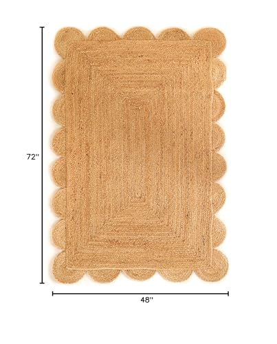 Scalloped Natural Jute Rug 4x6ft – Handwoven Natural Fiber Rug for Living Room, Bedroom, and Entryway, Rustic & Boho Style - size: 4' x 6' (Rectangular)
