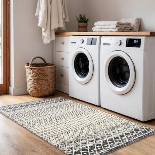 3x5 Rug for Living Room, Ultra Soft Non Slip Moroccan Washable Rug, Distressed Entryway Rugs, Low-Pile Throw Carpet Black Rugs for Bedroom Kitchen Living Room Dinning Room - color: Black, size: 3' x 5' (Rectangular)
