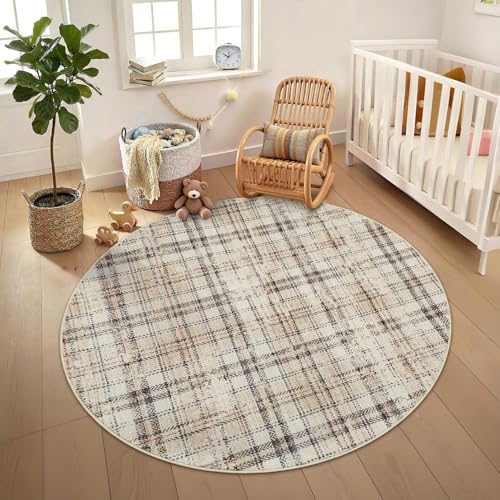 Garvee Tartan Plaid Washable Round Rug 4ft for Living Room Non Slip Circle Rugs，Farmhouse Soft Ultra-Thin Carpet for Entryway Kitchen Bedroom Nursery Bathroom, Beige 4'x4' - color: Plaid|beige, size: 4' (Round)