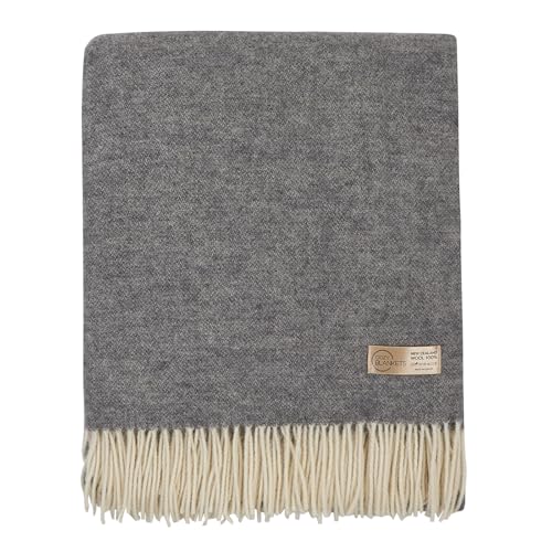 | Wool Blanket/Throw | 100% New Zealand Wool | Perfect for Home and Outdoors | Virgin Wool Throw with Fringes 75"x87" (190 x 220 cm) - color: Smoke Gray, size: Full