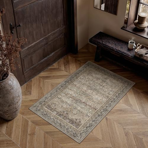 HUGEAR 2x3 Entryway Area Rugs Retro Brown Small Washable Rug Vintage Boho No Shedding Soft Durable Low Pile Carpet Non Slip Indoor Bedroom Dining Room Kitchen Home Decor Floor Mat - color: Taupe Brown, size: 2' x 3' (Rectangular)