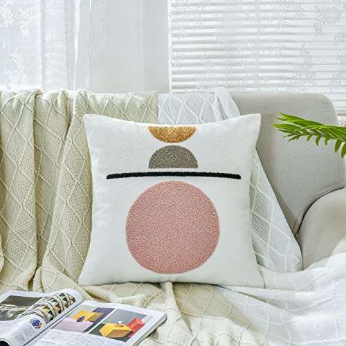 Boho Embroidered Throw Pillow Covers Soft Tufted Neutral Accent Pillowcase,Simple Geometric Textured Pattern Decorative Abstract Sham for Modern Home Decor -1 Pcs，18x18 Inches(Pink,Beige) - color: Type 2