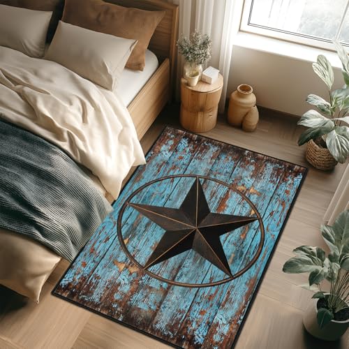 Western Area Rug 3x5,Rustic Barn Texas Star on Old Wooden Plank,Ultra-Thin Washable Throw Carpet Teal Rugs for Bedroom Indoor Vintage Rugs Non Slip Accent Floor Carpets for Entryway,Living Room,Office - size: 3'x5'