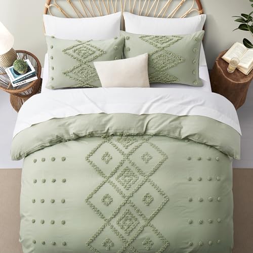 Oli Anderson Tufted Duvet Cover Queen Size, Soft and Lightweight Duvet Covers Set for All Seasons, 3 Pieces Boho Embroidery Shabby Chic Bedding Set (Mist Sage, Queen, 90"x90") - color: Mist Sage, size: Full/Queen(90"×90")