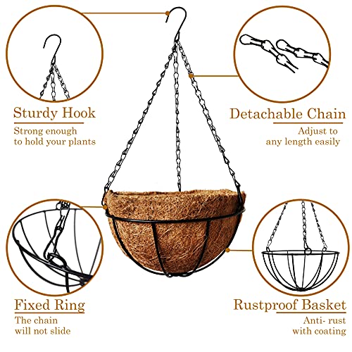 4 Pack 10 inch Metal Hanging Planters Basket with Coco Coir Liner Outdoor-Hanging Baskets for Plants Outdoor,Metal Wire Baskets with Window Box Planters, Hanging Flower Pots for Railings - size: 10 inch