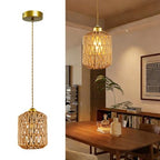 Hand-Woven Hemp Rope Pendant Light, Shell-Shaped Boho Ceiling Lamp with Adjustable Height, E26 Base, Gold Finish, 6 Inch Diameter for Living Room/Bedroom/Dining Areas, cafes & entryways - color: 6”drum-shaped