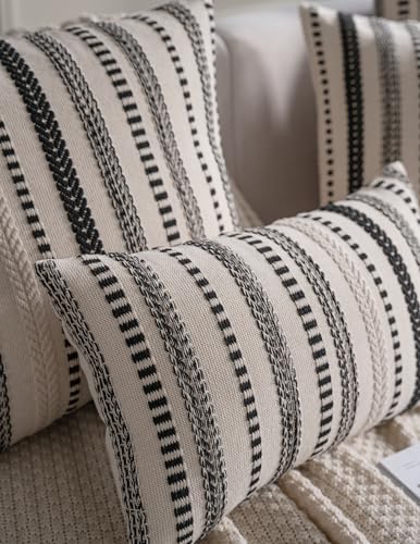 Cethom Black Boho Throw Pillow Covers 12x20 Inch Set of 2, Stripe Textured Decorative Couch Pillow Cases for Bed, Sofa, Living Room, Bedroom, Farmhouse Home Accent Cushion Covers - color: Black, size: 20" x 12" (Pack of 2)