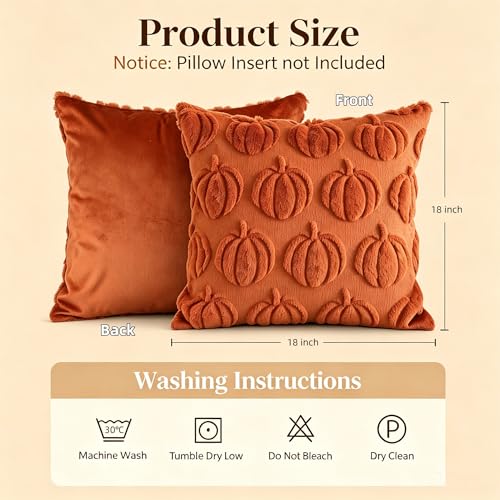 Burnt Orange Pumpkin Throw Pillow Covers 18x18 inch Set of 2, Tufted Plush Fall Halloween Cushion Covers for Couch Sofa Decor - color: Orange Pumpkin