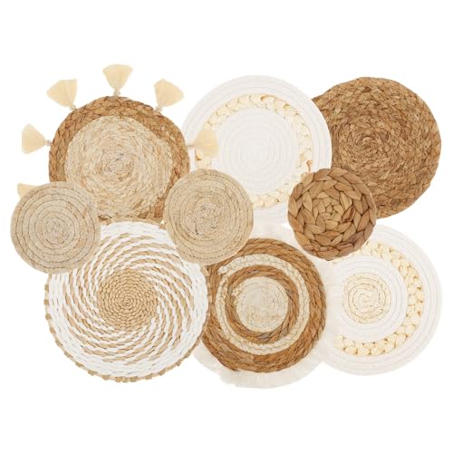 KOUISYY 9PCS Boho Wall Basket Decor, Hanging Rustic Woven Basket Wall Decor, Handmade Wicker Wall Decor Bohemian Round Wall Art, Decorative Seagrass Basket Rattan Wall Hanging for Bedroom Dining Table