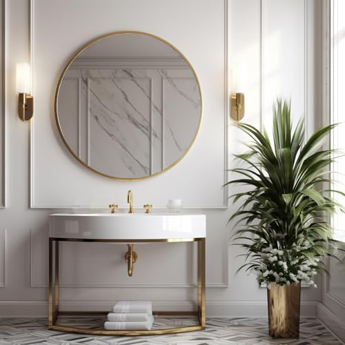 Sunniry Round Gold Mirror, 28 inch Round Mirror, Circle Bathroom Mirrors Metal Frame, Wall Mounted Circle Mirrors for Bathroom, Living Room, Hallway, Farmhouse. - color: Gold, size: 28"L x 28"W