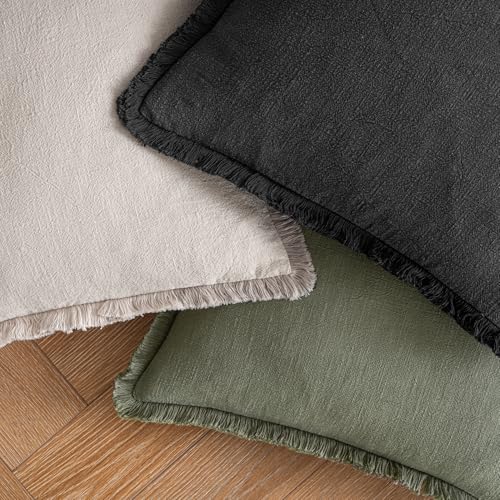 MIULEE Decorative Throw Pillow Covers Neutral Linen Fringe Throw Pillows Set of 2 Black Boho Farmhouse Cushion Covers with Tassels for Couch Sofa Bed Living Room Spring Home Decor 18x18 Inch - color: Black, size: 18" x 18" (Pack of 2)