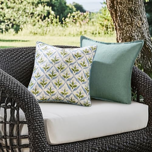 MIULEE Floral Decorative Pillow Covers Set of 2,Block Print Throw Pillowcases Outdoor Boho Farmhouse Vintage Coastal Summer Accent Cushion Cover Couch for paito Garden Sofa Bed 20x20 Inch, Blue-Green - color: Blue-green, size: 20" x 20" (Pack of 2)