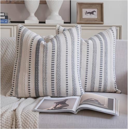 Cethom Grey Boho Throw Pillow Covers 18x18 Inch Set of 2, Stripe Textured Decorative Couch Pillow Cases for Bed, Sofa, Living Room, Bedroom, Farmhouse Home Accent Cushion Covers - color: Grey, size: 18" x 18" (Pack of 2)