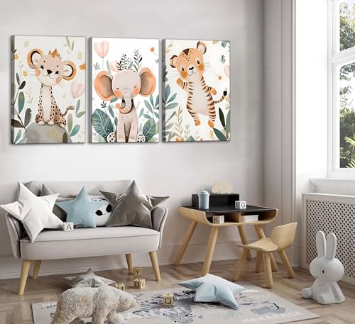 3 Pcs Safari Animals Nursery Canvas Wall Art Jungle Animals Cheetah Elephant Tiger Kids Room Illustration Pictures Wall Decor Posters Print Artwork for Classroom Boy's Girl's Room Bedroom - color: Animal-Canvas, size: 16"L x 12"W
