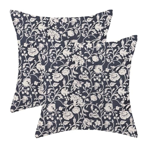 Floral Throw Pillow Covers 16x16 Set of 2, Flower Print Linen Decorative Pillow Covers Neutral Vintage Decoration Outdoor Cushion Cover Navy Blue Floral Pillowcase for Sofa Couch Farmhouse - color: Print Navy Blue, size: 16" x 16" (Pack of 2)